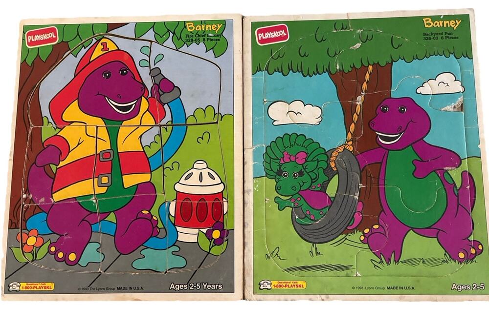 VtG Playskool Barney Baby Bop Wooden Tray Puzzle Lot USA 1993 Firefighter Swing